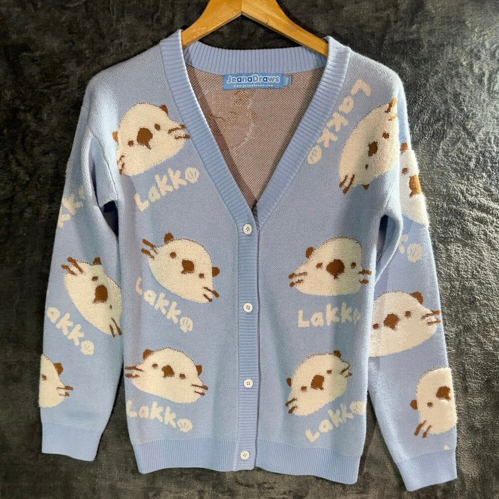 JeanaDraws Lakko the Otter Kawaii Blue Knit Cardigan Sweater Women’s S/M RARE!